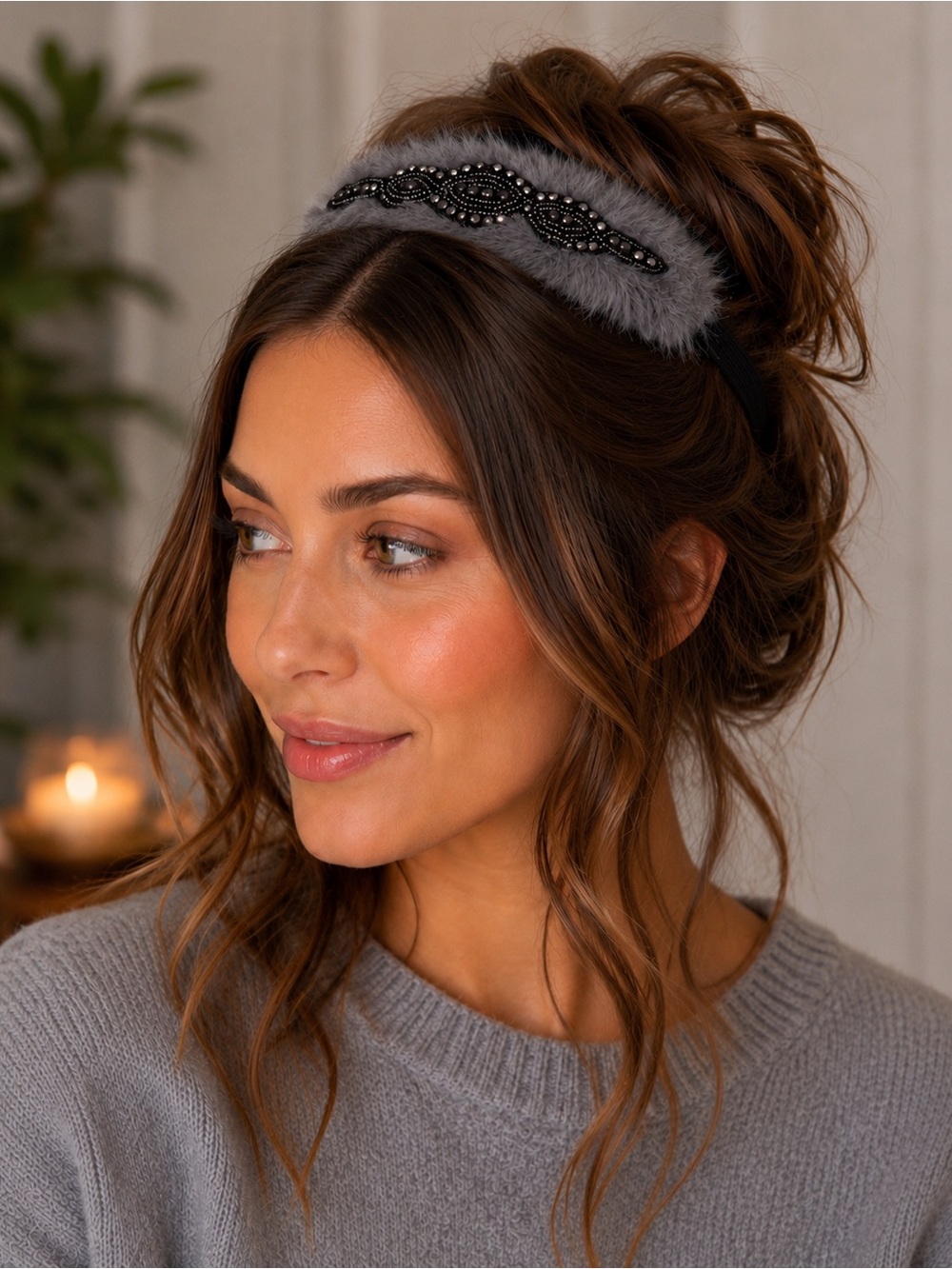 Faux Fur Beaded Headband in Gray